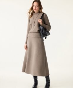 2Pcs Set FuzzLuxe Mockneck Sleeve-Warmer Top &  Midi A-line Circle Skirt