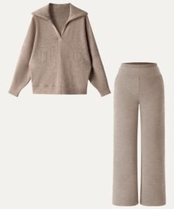 2Pcs Set Petite Double Waistband Straight Pants & V-Neck Batwing Sleeve Pullover