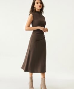 Mockneck Tucks Midi Dress