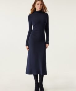 ProWarm Long Sleeves Mockneck Tucks Midi Dress