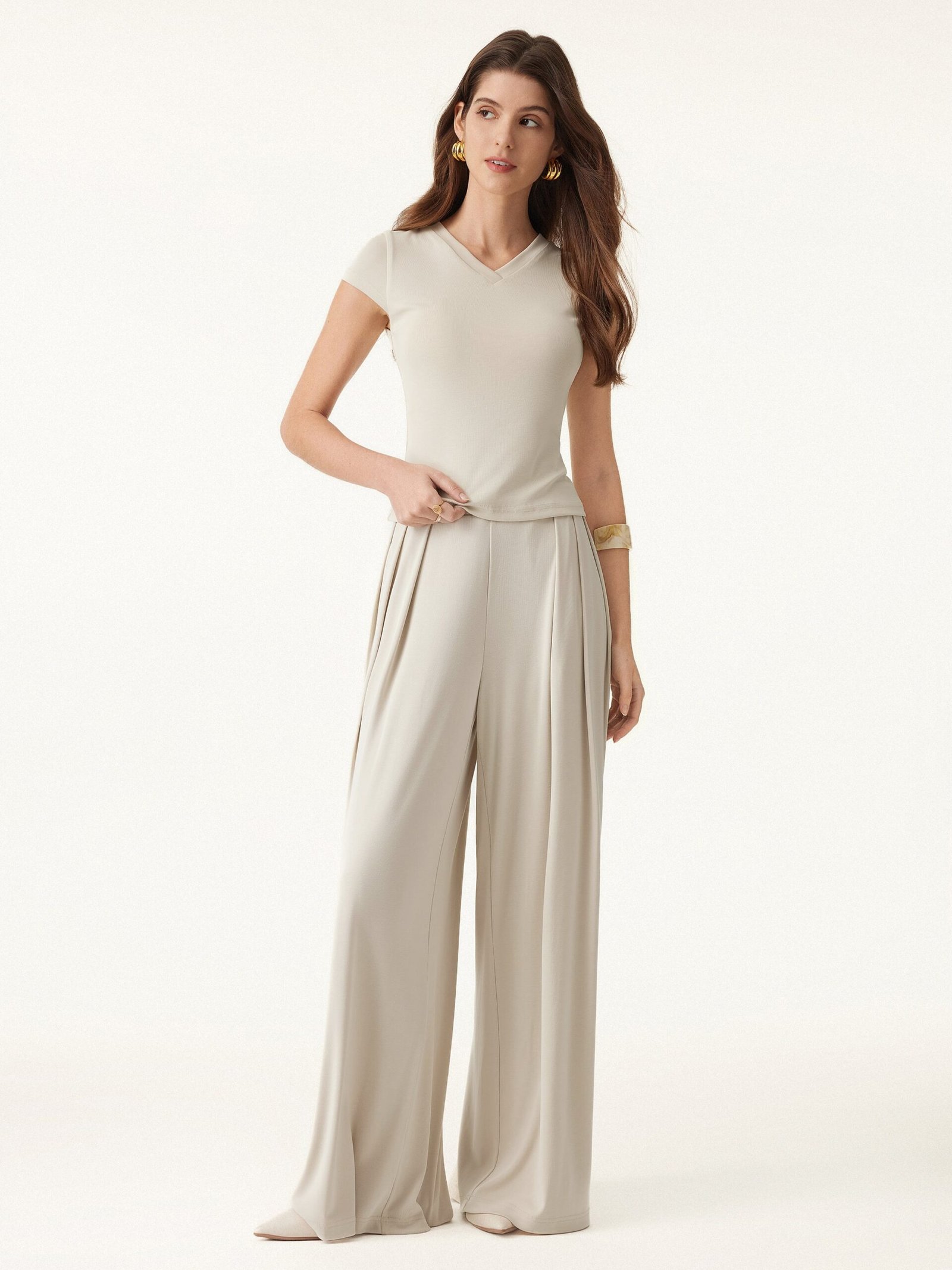 Sandwashed Mid Rise Pleated Wide Leg Palazzo Pants with Pockets - Image 4