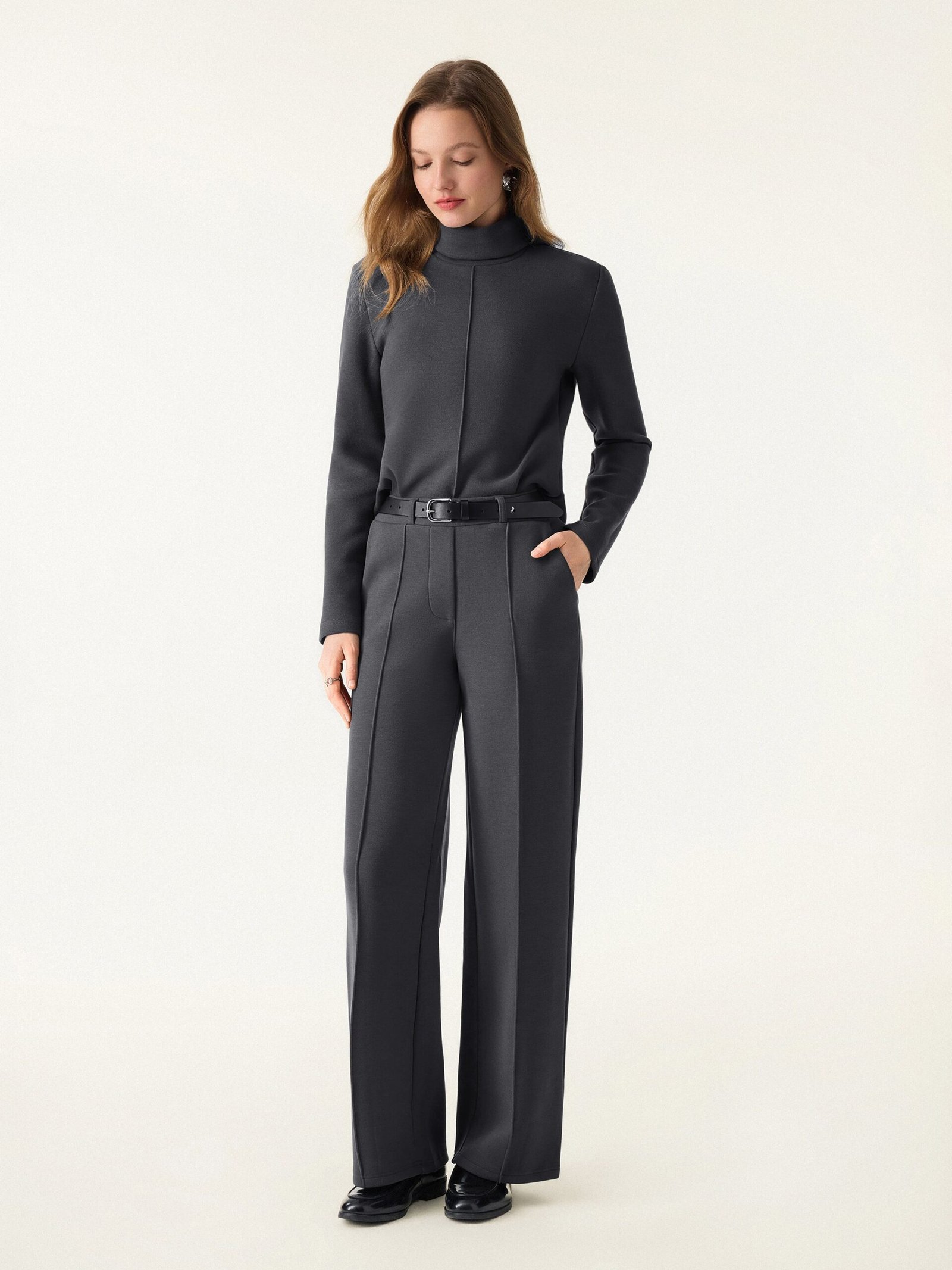 2Pcs Set FuzzLuxe Turtleneck Top & Regular High Waisted Straight Leg Pull On Pant - Image 2