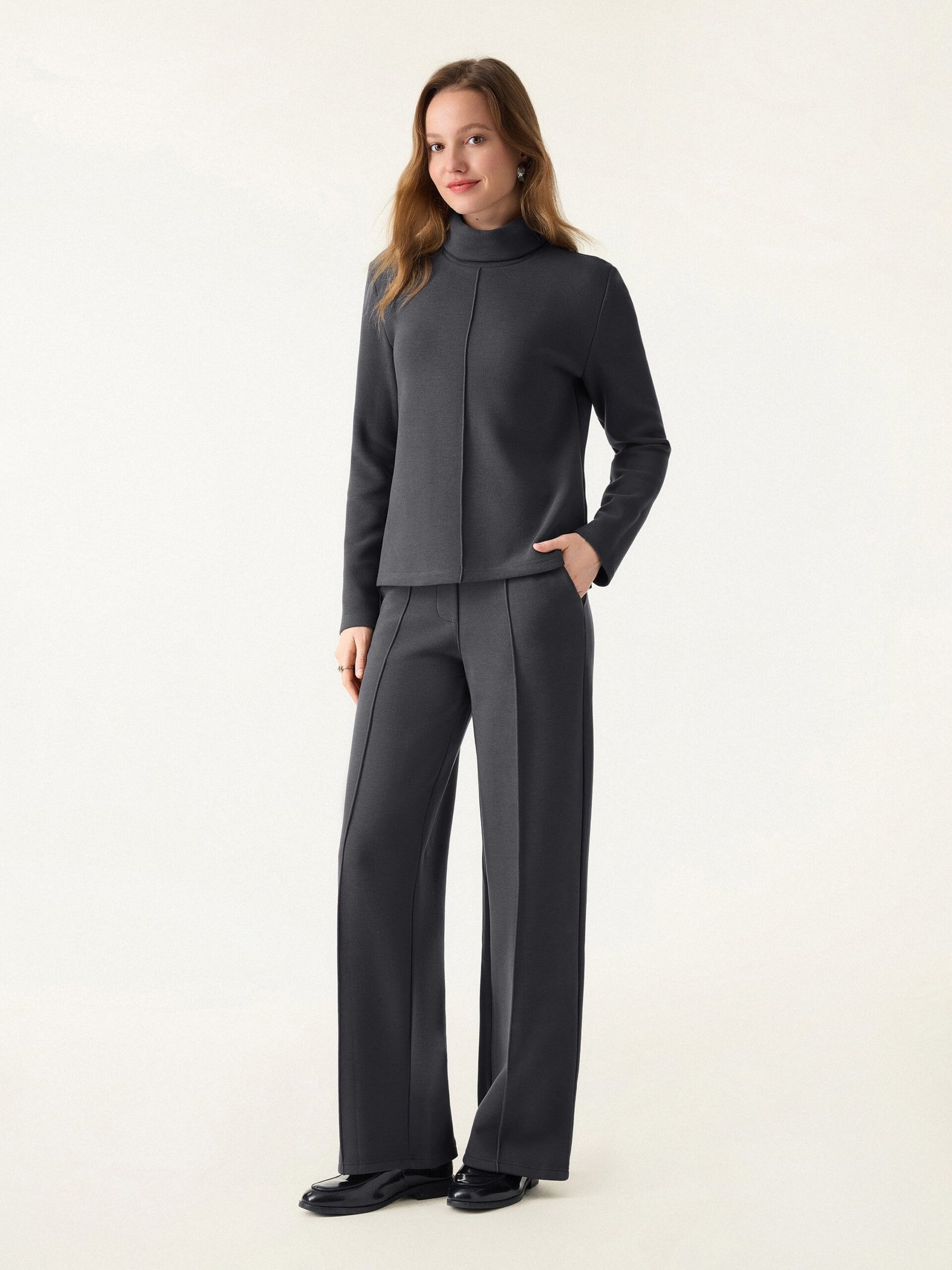2Pcs Set FuzzLuxe Turtleneck Top & Regular High Waisted Straight Leg Pull On Pant - Image 11