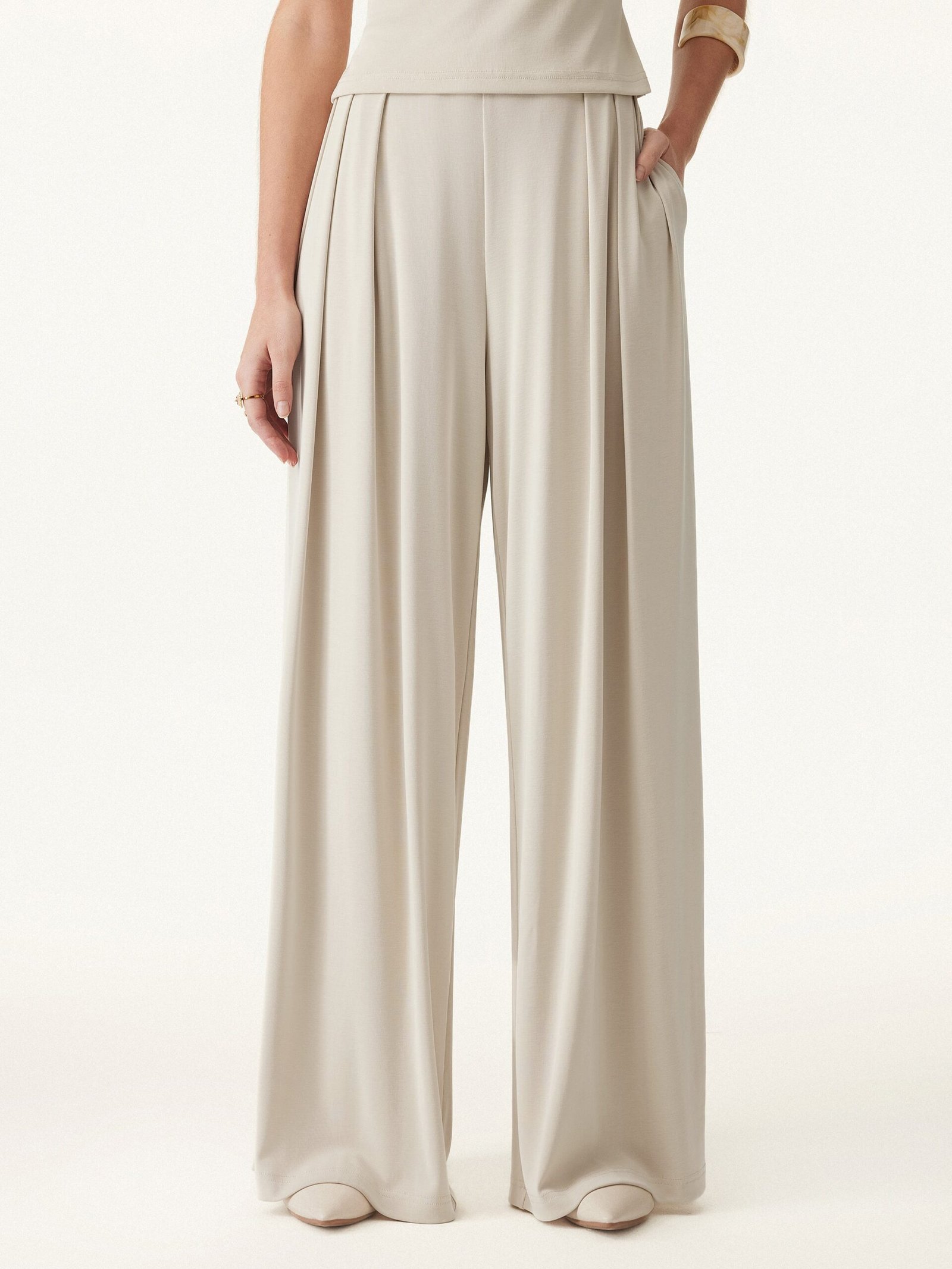 Sandwashed Mid Rise Pleated Wide Leg Palazzo Pants with Pockets