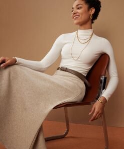 2Pcs Set Ruched Sides Tuckable Mockneck Top & Flared Maxi Skirt