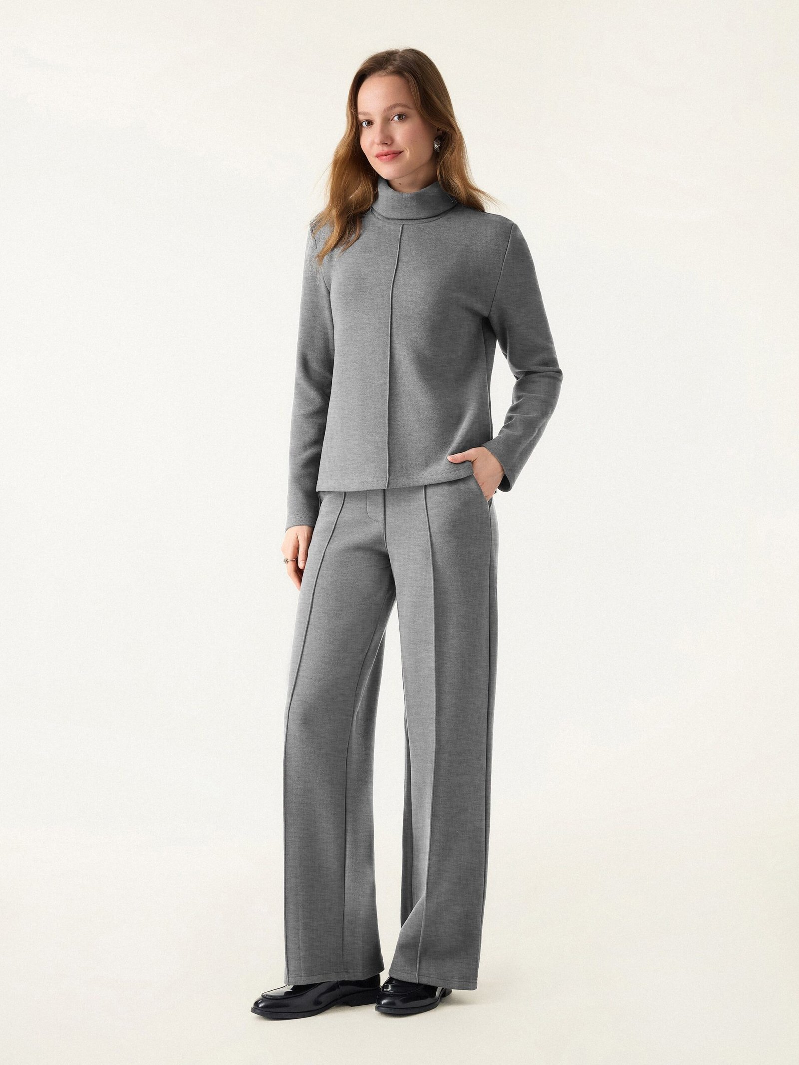 2Pcs Set FuzzLuxe Turtleneck Top & Regular High Waisted Straight Leg Pull On Pant - Image 6