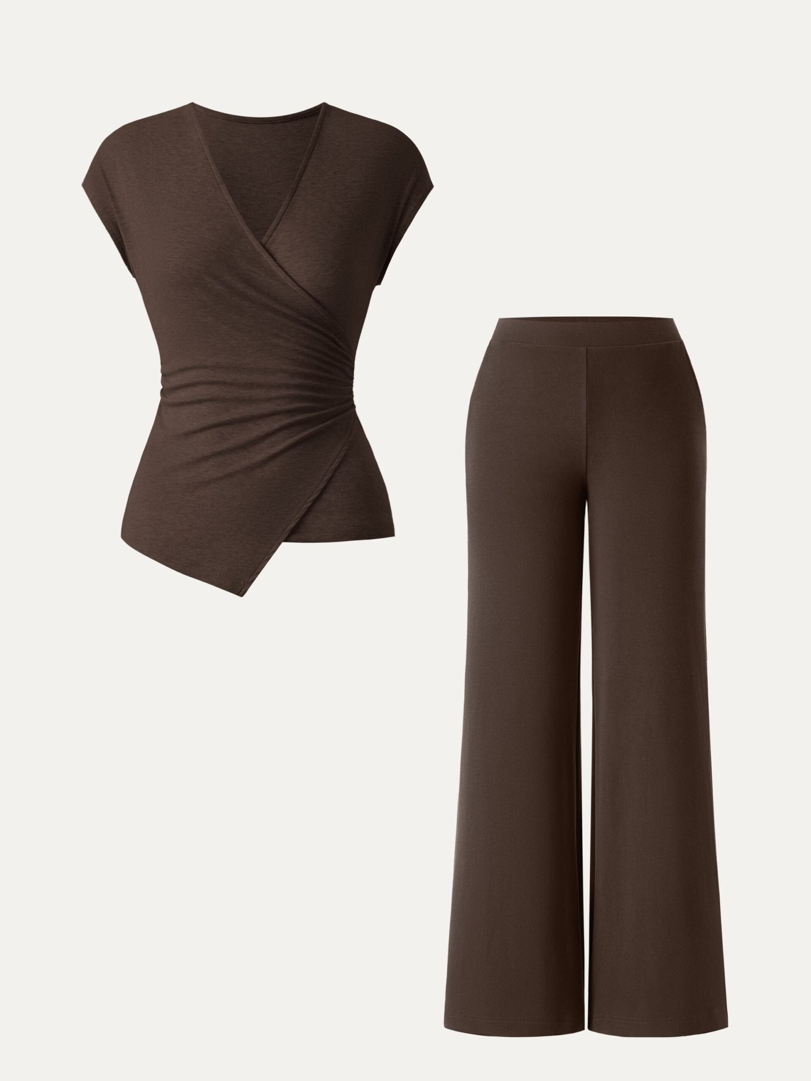 2Pcs Set Lyocell Wool Surplice Cap Sleeve Top & Mid Rise Wide Leg Pants with Pockets - Image 12