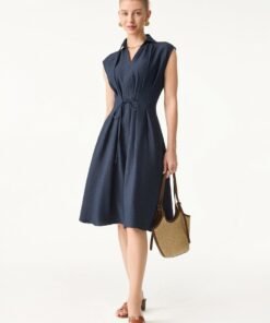 Viscose-Linen Collared V-neck Midi Dress with Drawstring