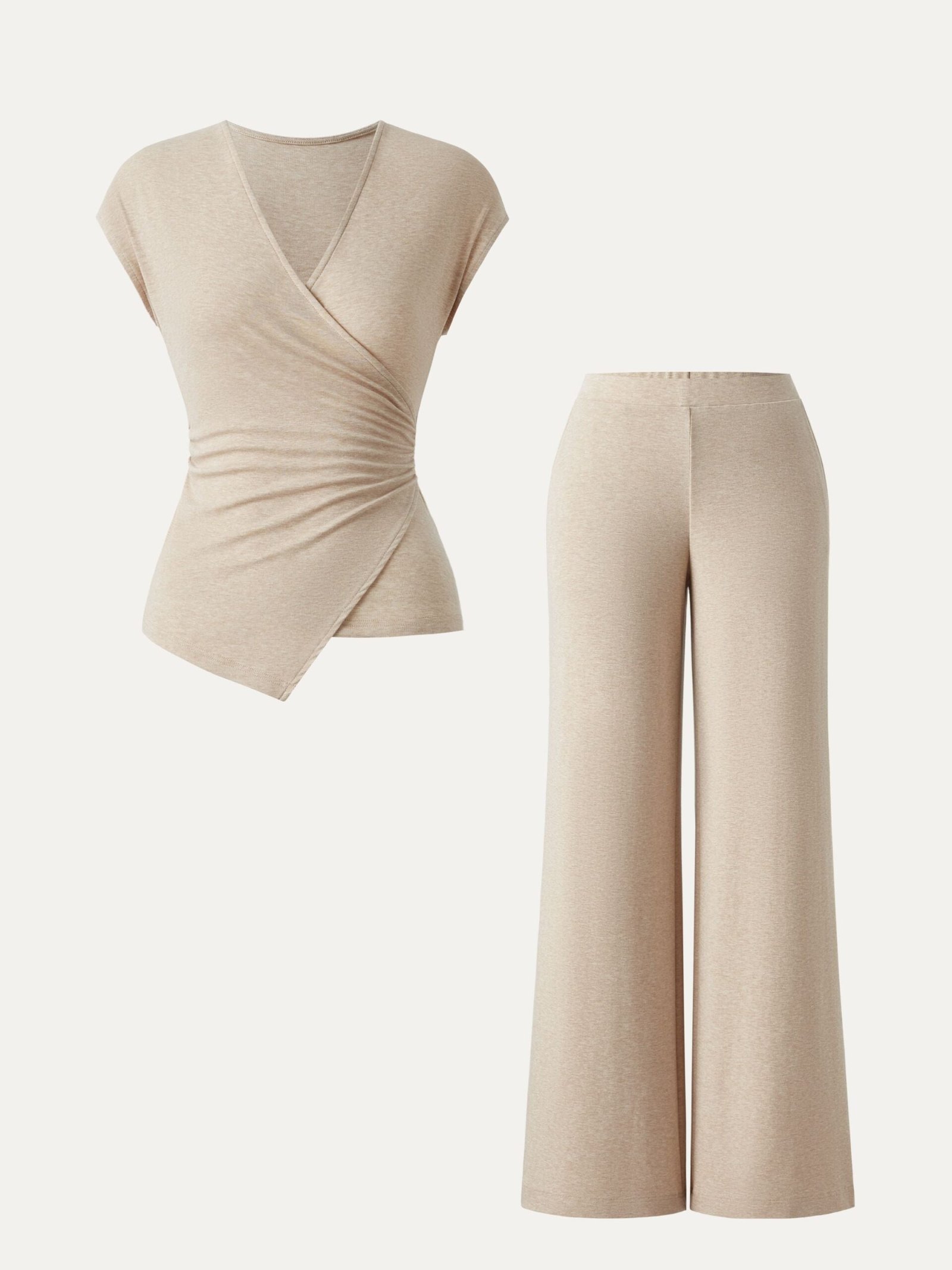 2Pcs Set Lyocell Wool Surplice Cap Sleeve Top & Mid Rise Wide Leg Pants with Pockets - Image 2