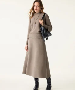2Pcs Set FuzzLuxe Mockneck Sleeve-Warmer Top & Midi A-line Circle Skirt