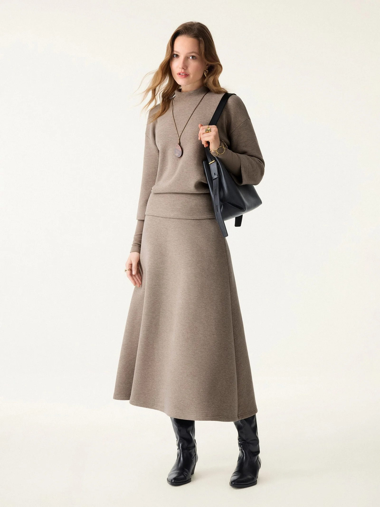 2Pcs Set FuzzLuxe Mockneck Sleeve-Warmer Top & Midi A-line Circle Skirt