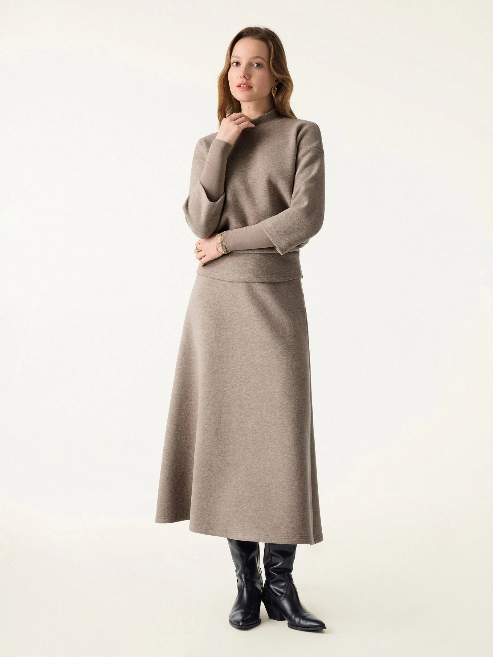 2Pcs Set FuzzLuxe Mockneck Sleeve-Warmer Top & Midi A-line Circle Skirt - Image 3