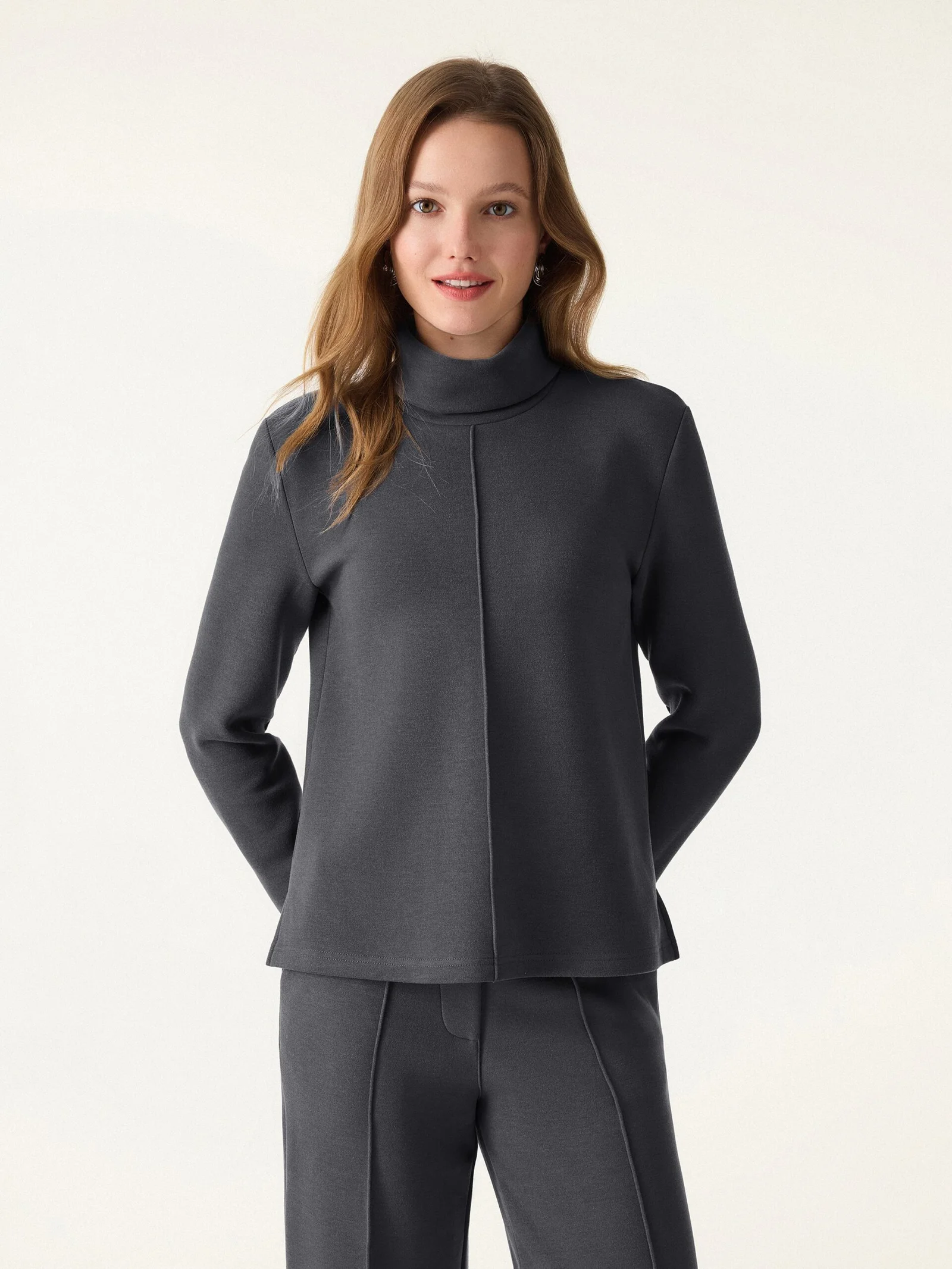 2Pcs Set FuzzLuxe Turtleneck Top & Regular High Waisted Straight Leg Pull On Pant - Image 4
