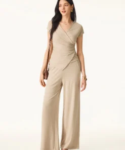 2Pcs Set Lyocell Wool Surplice Cap Sleeve Top & Mid Rise Wide Leg Pants with Pockets