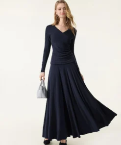 2Pcs Set Surplice Ruched Long Sleeve & Godet Hem Pull-on Maxi Skirt