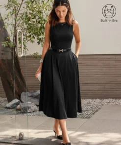 Boatneck Bamboo Ponte Brami Midi Dress with Pockets